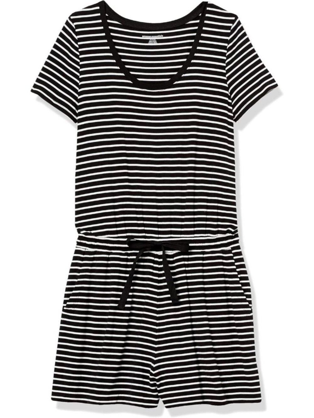 Women's Black Stripe Casual Summer Short Sleeve Scoop Elastic Waist Neck Romper - Picture 4 of 5